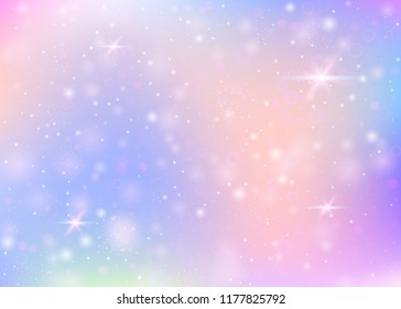 Holographic background with rainbow mesh. Colorful universe banner in princess colors. Fantasy gradient backdrop with hologram. Holographic magic background with fairy sparkles, stars and blurs.