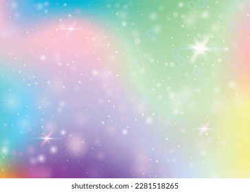 Holographic background with rainbow mesh. Colorful universe banner in princess colors. Fantasy gradient backdrop with hologram. Holographic unicorn background with fairy sparkles, stars and blurs.