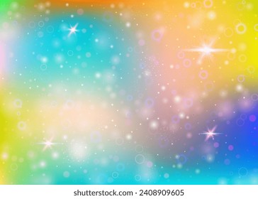 Holographic background with rainbow mesh. Colorful universe banner in princess colors. Fantasy gradient backdrop with hologram. Holographic unicorn background with fairy sparkles, stars and blurs.