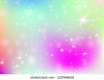 Holographic background with rainbow mesh. Cute universe banner in princess colors. Fantasy gradient backdrop with hologram. Holographic magic background with fairy sparkles, stars and blurs.