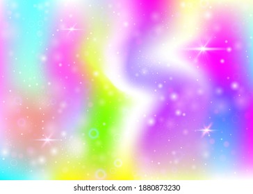 Fondo holográfico con malla arco iris. Banner de universo lindo con colores de princesa. Fondo gradiente de fantasía con holograma. Fondo de magia holográfica con destellos de hadas, estrellas y borrosas.