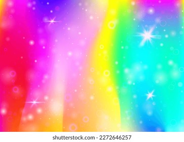 Holographic background with rainbow mesh. Cute universe banner in princess colors. Fantasy gradient backdrop with hologram. Holographic magic background with fairy sparkles, stars and blurs.