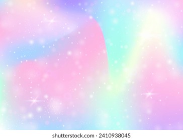 Holografischer Hintergrund mit Regenbogenmaschen. Frische Universum-Banner in Prinzessin-Farben. Fantasy-Farbverlauf-Hintergrund mit Hologramm. Holografischer, einfarbiger Hintergrund mit Feenfunkeln, Sternen und Bluren.