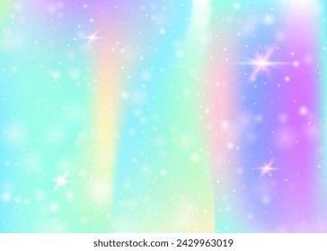 Fondo holográfico con malla de arco iris. Banner del universo lindo en colores de la princesa. Fondo de gradiente de fantasía con holograma. Fondo de unicornio holográfico con destellos de hadas, estrellas y borrosos.