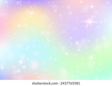 Holographic background with rainbow mesh. Cute universe banner in princess colors. Fantasy gradient backdrop with hologram. Holographic magic background with fairy sparkles, stars and blurs.