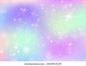 Holographic background with rainbow mesh. Cute universe banner in princess colors. Fantasy gradient backdrop with hologram. Holographic unicorn background with fairy sparkles, stars and blurs.