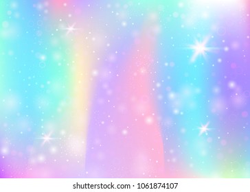 Holographic background with rainbow mesh. Girlie universe banner in princess colors. Fantasy gradient backdrop with hologram. Holographic unicorn background with fairy sparkles, stars and blurs.