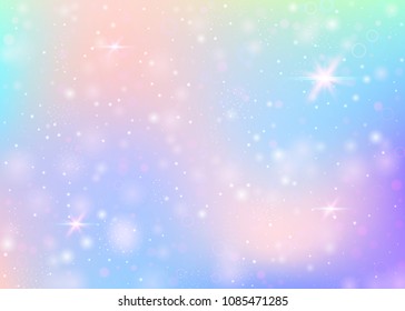 Holographic background with rainbow mesh. Girlie universe banner in princess colors. Fantasy gradient backdrop with hologram. Holographic unicorn background with fairy sparkles, stars and blurs.
