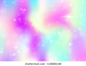 Holographic background with rainbow mesh. Girlie universe banner in princess colors. Fantasy gradient backdrop with hologram. Holographic unicorn background with fairy sparkles, stars and blurs.