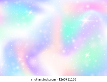 Holographic background with rainbow mesh. Girlie universe banner in princess colors. Fantasy gradient backdrop with hologram. Holographic unicorn background with fairy sparkles, stars and blurs.