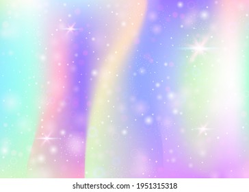 Holographic background with rainbow mesh. Girlie universe banner in princess colors. Fantasy gradient backdrop with hologram. Holographic unicorn background with fairy sparkles, stars and blurs.