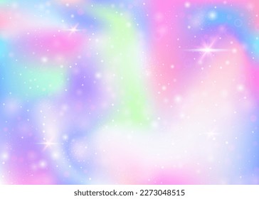 Holographic background with rainbow mesh. Girlie universe banner in princess colors. Fantasy gradient backdrop with hologram. Holographic unicorn background with fairy sparkles, stars and blurs.