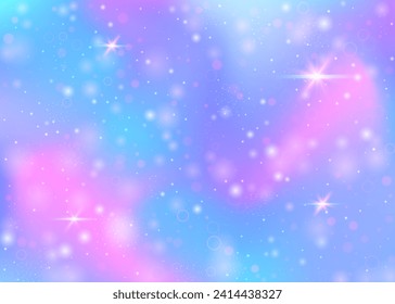 Holografischer Hintergrund mit Regenbogenmaschen. Girlie Universum Banner in Prinzessinnen Farben. Fantasy-Farbverlauf-Hintergrund mit Hologramm. Holografischer, einfarbiger Hintergrund mit Feenfunkeln, Sternen und Bluren.