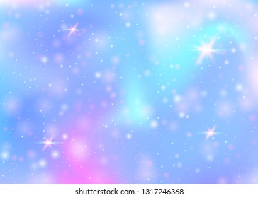 Holographic background with rainbow mesh. Girlish universe banner in princess colors. Fantasy gradient backdrop with hologram. Holographic unicorn background with fairy sparkles, stars and blurs.