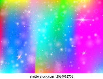 Holographic background with rainbow mesh. Girlish universe banner in princess colors. Fantasy gradient backdrop with hologram. Holographic magic background with fairy sparkles, stars and blurs.