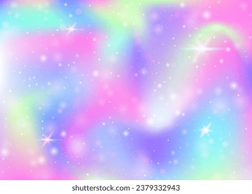 Holographic background with rainbow mesh. Girlish universe banner in princess colors. Fantasy gradient backdrop with hologram. Holographic magic background with fairy sparkles, stars and blurs.