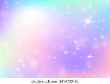 Holographic background with rainbow mesh. Girlish universe banner in princess colors. Fantasy gradient backdrop with hologram. Holographic magic background with fairy sparkles, stars and blurs.