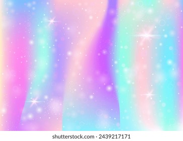 Holographic background with rainbow mesh. Girlish universe banner in princess colors. Fantasy gradient backdrop with hologram. Holographic unicorn background with fairy sparkles, stars and blurs.