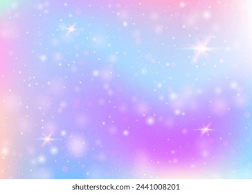Holographic background with rainbow mesh. Girlish universe banner in princess colors. Fantasy gradient backdrop with hologram. Holographic unicorn background with fairy sparkles, stars and blurs.