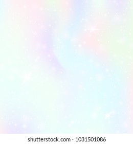 Holographic background with rainbow mesh. Kawaii universe banner in princess colors. Fantasy gradient backdrop with hologram. Holographic fairy background with magic sparkles, stars and blurs.