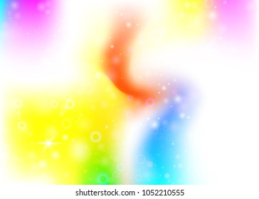 Holographic background with rainbow mesh. Kawaii universe banner in princess colors. Fantasy gradient backdrop with hologram. Holographic unicorn background with fairy sparkles, stars and blurs.