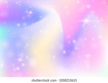 Holographic background with rainbow mesh. Kawaii universe banner in princess colors. Fantasy gradient backdrop with hologram. Holographic magic background with fairy sparkles, stars and blurs.