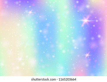 Holographic background with rainbow mesh. Kawaii universe banner in princess colors. Fantasy gradient backdrop with hologram. Holographic unicorn background with fairy sparkles, stars and blurs.