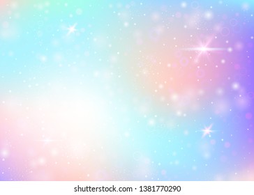 Holographic background with rainbow mesh. Kawaii universe banner in princess colors. Fantasy gradient backdrop with hologram. Holographic unicorn background with fairy sparkles, stars and blurs.