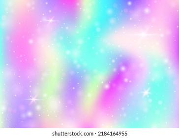 Holographic background with rainbow mesh. Kawaii universe banner in princess colors. Fantasy gradient backdrop with hologram. Holographic unicorn background with fairy sparkles, stars and blurs.
