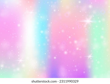 Holographic background with rainbow mesh. Kawaii universe banner in princess colors. Fantasy gradient backdrop with hologram. Holographic unicorn background with fairy sparkles, stars and blurs.