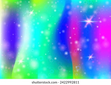 Holographic background with rainbow mesh. Kawaii universe banner in princess colors. Fantasy gradient backdrop with hologram. Holographic unicorn background with fairy sparkles, stars and blurs.