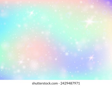 Holographic background with rainbow mesh. Kawaii universe banner in princess colors. Fantasy gradient backdrop with hologram. Holographic unicorn background with fairy sparkles, stars and blurs.