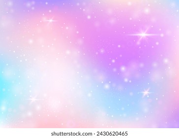 Holographic background with rainbow mesh. Kawaii universe banner in princess colors. Fantasy gradient backdrop with hologram. Holographic magic background with fairy sparkles, stars and blurs.