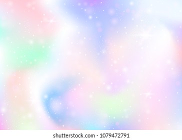 Holographic background with rainbow mesh. Liquid universe banner in princess colors. Fantasy gradient backdrop with hologram. Holographic unicorn background with fairy sparkles, stars and blurs.