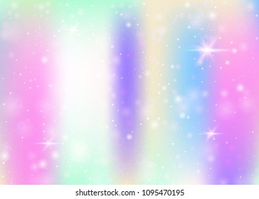 Holographic background with rainbow mesh. Liquid universe banner in princess colors. Fantasy gradient backdrop with hologram. Holographic magic background with fairy sparkles, stars and blurs.