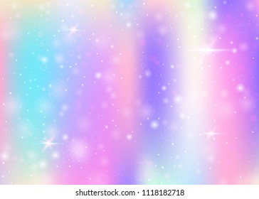 Holographic background with rainbow mesh. Liquid universe banner in princess colors. Fantasy gradient backdrop with hologram. Holographic unicorn background with fairy sparkles, stars and blurs.
