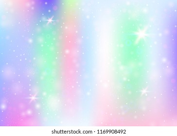 Holographic background with rainbow mesh. Liquid universe banner in princess colors. Fantasy gradient backdrop with hologram. Holographic unicorn background with fairy sparkles, stars and blurs.