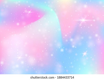 Holographic background with rainbow mesh. Liquid universe banner in princess colors. Fantasy gradient backdrop with hologram. Holographic magic background with fairy sparkles, stars and blurs.