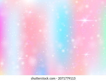 Holographic background with rainbow mesh. Liquid universe banner in princess colors. Fantasy gradient backdrop with hologram. Holographic magic background with fairy sparkles, stars and blurs.