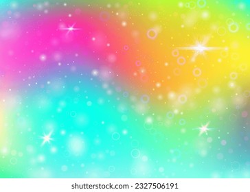 Holographic background with rainbow mesh. Liquid universe banner in princess colors. Fantasy gradient backdrop with hologram. Holographic magic background with fairy sparkles, stars and blurs.
