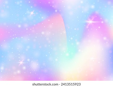 Fondo holográfico con malla arco iris. Banner del universo líquido en colores princesas. Fondo gradiente de fantasía con holograma. Fondo de magia holográfica con destellos de hadas, estrellas y borrosas.