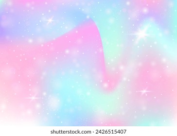 Holographic background with rainbow mesh. Liquid universe banner in princess colors. Fantasy gradient backdrop with hologram. Holographic unicorn background with fairy sparkles, stars and blurs.