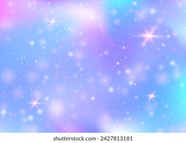 Holographic background with rainbow mesh. Liquid universe banner in princess colors. Fantasy gradient backdrop with hologram. Holographic unicorn background with fairy sparkles, stars and blurs.