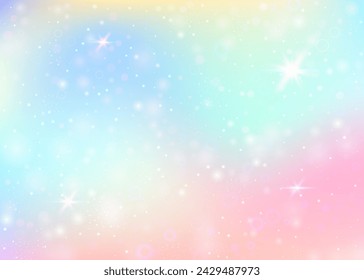 Holographic background with rainbow mesh. Liquid universe banner in princess colors. Fantasy gradient backdrop with hologram. Holographic magic background with fairy sparkles, stars and blurs.