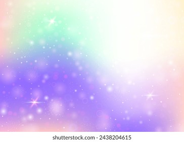 Fondo holográfico con malla de arco iris. Banner de universo líquido en colores princesa. Fondo de gradiente de fantasía con holograma. Fondo mágico holográfico con destellos de hadas, estrellas y desenfoques.