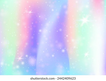 Holographic background with rainbow mesh. Liquid universe banner in princess colors. Fantasy gradient backdrop with hologram. Holographic unicorn background with fairy sparkles, stars and blurs.