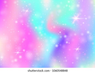 Holographic background with rainbow mesh. Multicolor universe banner in princess colors. Fantasy gradient backdrop with hologram. Holographic unicorn background with fairy sparkles, stars and blurs.