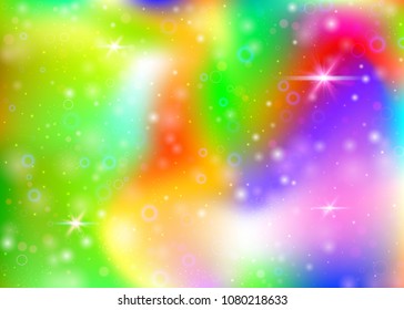 Holographic background with rainbow mesh. Multicolor universe banner in princess colors. Fantasy gradient backdrop with hologram. Holographic unicorn background with fairy sparkles, stars and blurs.