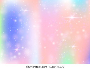 Holographic background with rainbow mesh. Multicolor universe banner in princess colors. Fantasy gradient backdrop with hologram. Holographic magic background with fairy sparkles, stars and blurs.