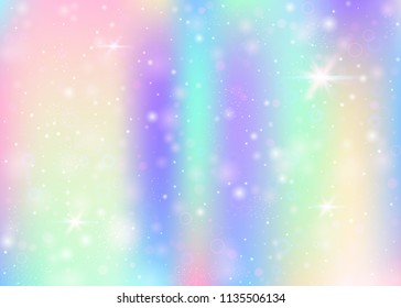 Holographic background with rainbow mesh. Multicolor universe banner in princess colors. Fantasy gradient backdrop with hologram. Holographic unicorn background with fairy sparkles, stars and blurs.